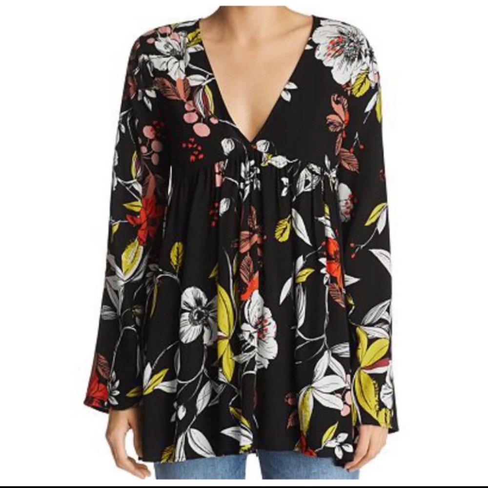 Free People Bella Black Floral Bell Sleeve Tunic